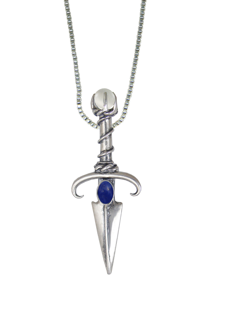 Sterling Silver Black Prince's Knife Dagger Pendant With Lapis Lazuli And a Clear Glass Bead